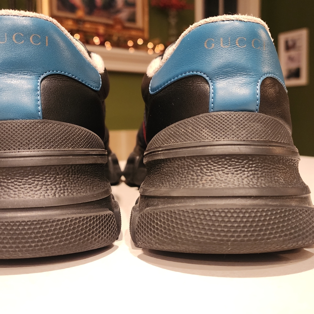 Gucci Black Leather Men's Shoes with Red and Blue Stripes - Picture 7 of 12